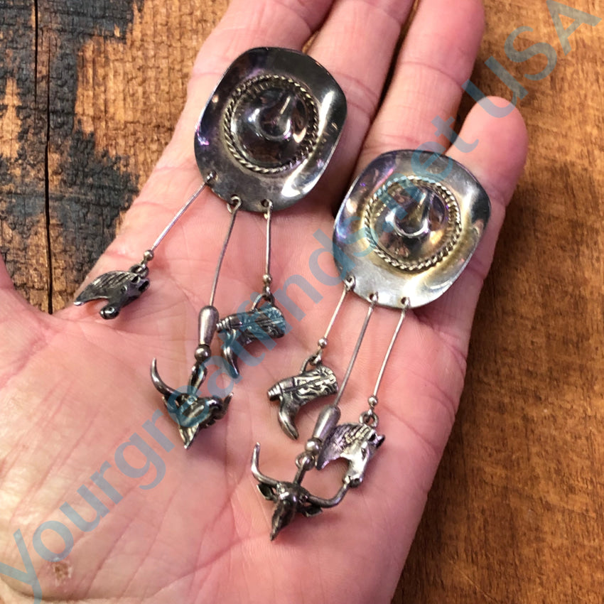 Vintage Sterling Silver Western Hat Charm Pierced Post Earrings Earrings