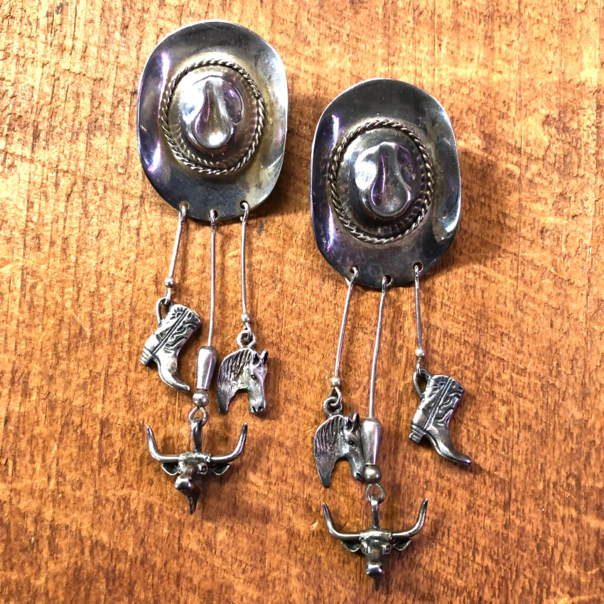 Vintage Sterling Silver Western Hat Charm Pierced Post Earrings Earrings