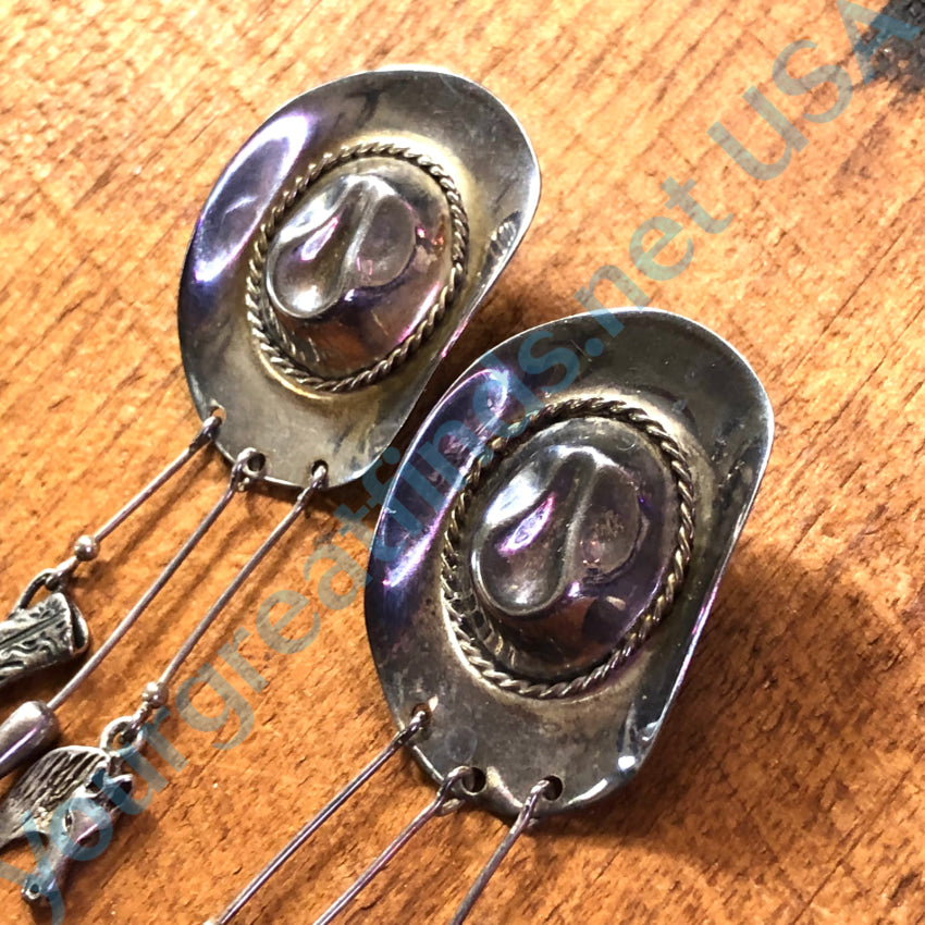 Vintage Sterling Silver Western Hat Charm Pierced Post Earrings Earrings