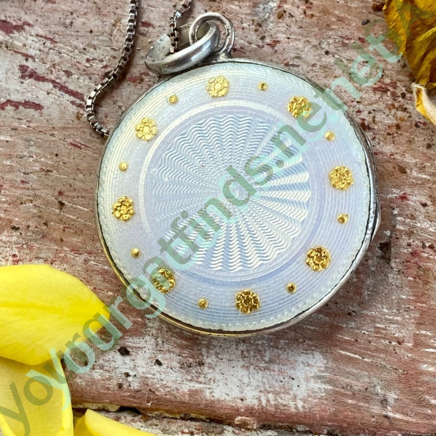 Vintage Sterling Silver White Gilt Guilloche Enamel Locket Necklace Yourgreatfinds