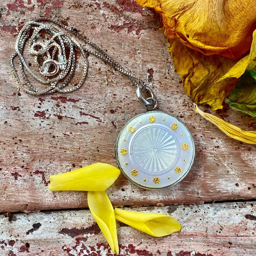 Vintage Sterling Silver White Gilt Guilloche Enamel Locket Necklace Yourgreatfinds