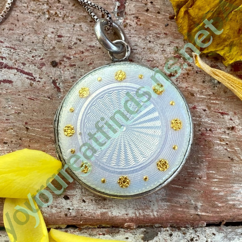 Vintage Sterling Silver White Gilt Guilloche Enamel Locket Necklace Yourgreatfinds