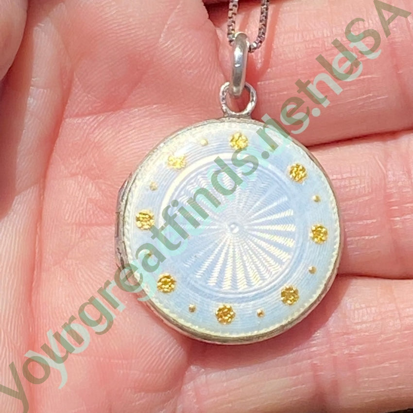 Vintage Sterling Silver White Gilt Guilloche Enamel Locket Necklace Yourgreatfinds