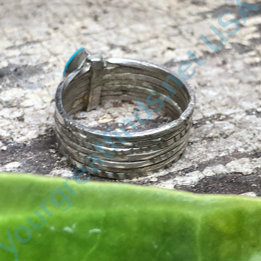 Vintage Sterling Silver Wide Band Ring Carved Turquoise Leaf Size 6 3/4