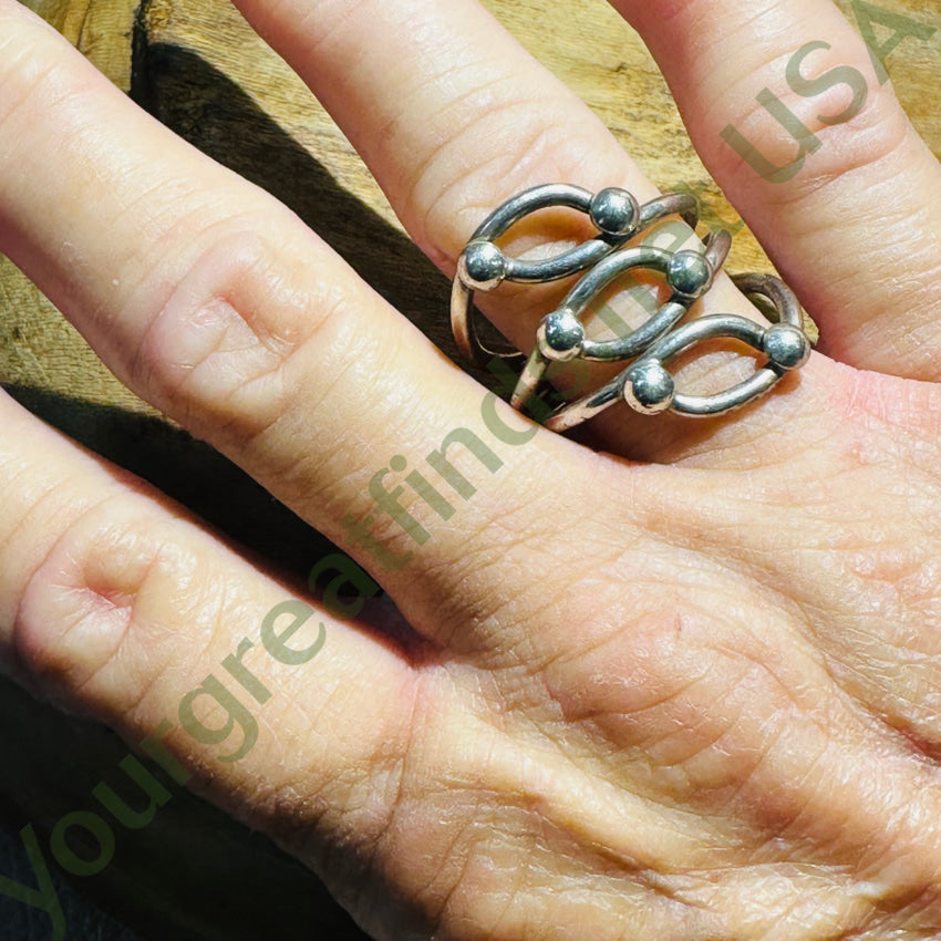 Vintage Sterling Silver Wire Work & Orb Long Ring Size 10