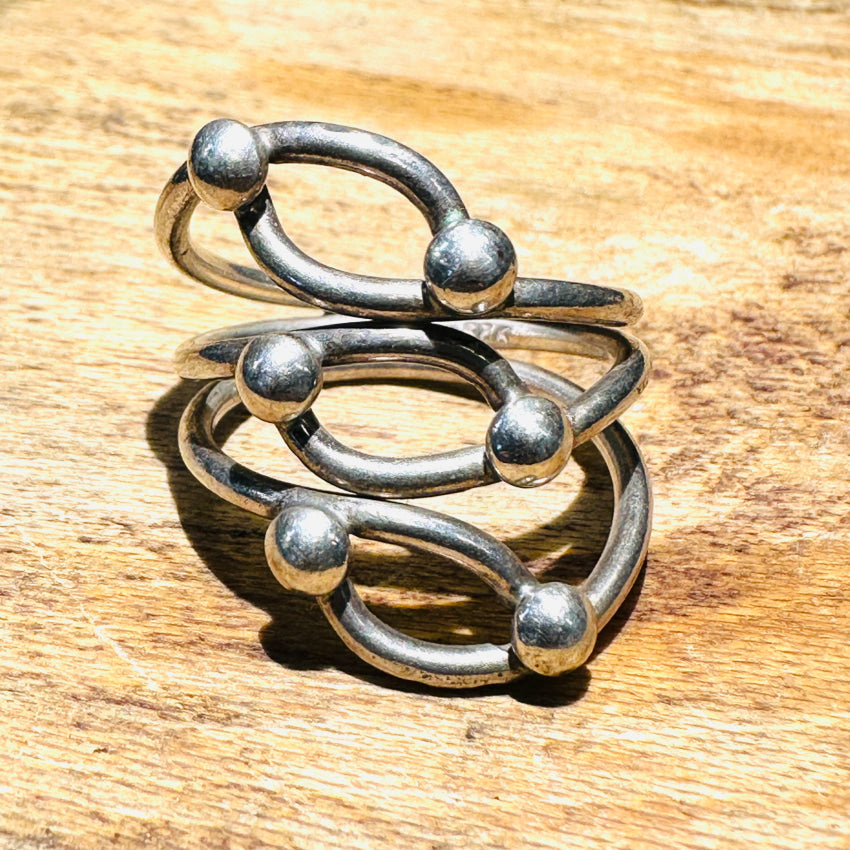Vintage Sterling Silver Wire Work & Orb Long Ring Size 10