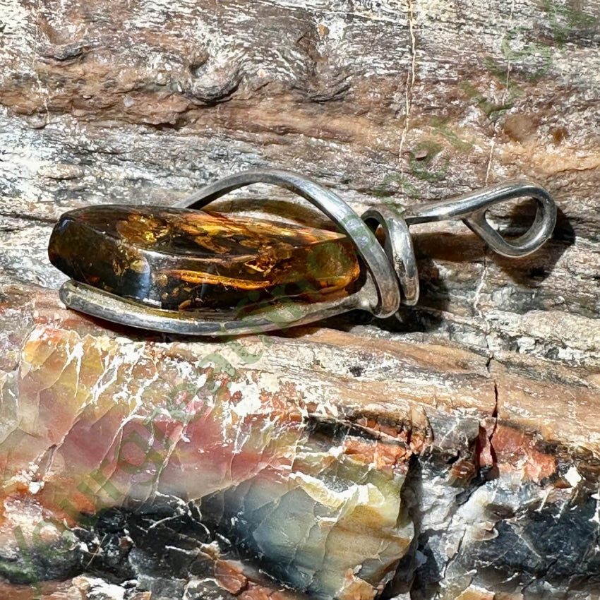 Vintage Sterling Silver Wire Wrap Amber Pendant