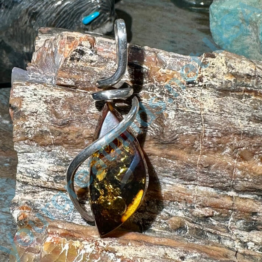 Vintage Sterling Silver Wire Wrap Amber Pendant