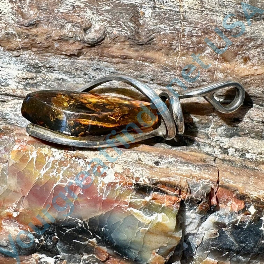 Vintage Sterling Silver Wire Wrap Amber Pendant