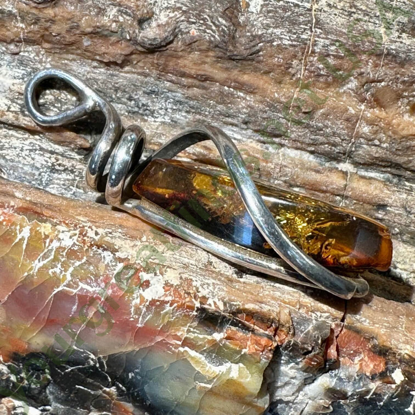 Vintage Sterling Silver Wire Wrap Amber Pendant