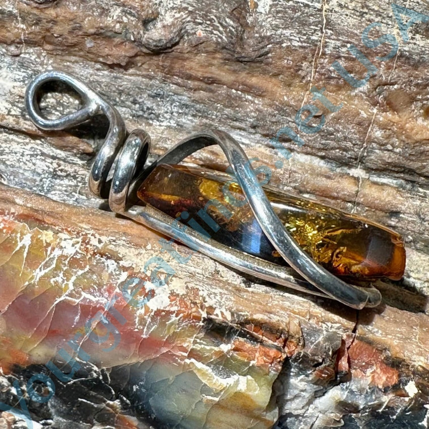 Vintage Sterling Silver Wire Wrap Amber Pendant