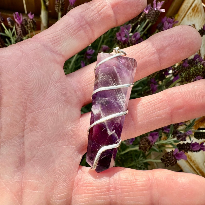 Vintage Sterling Silver Wire Wrapped Amethyst Wand Pendant