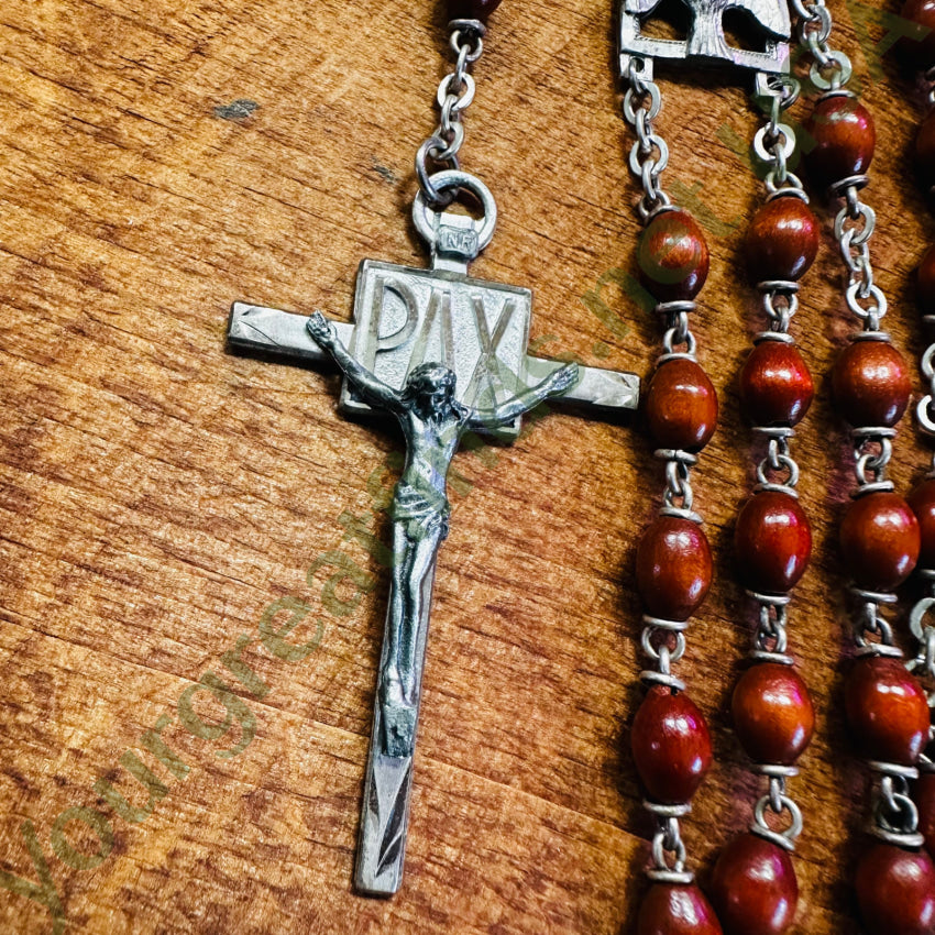 Vintage Sterling Silver & Wooden Bead Rosary Chapel Original Tag Rosary
