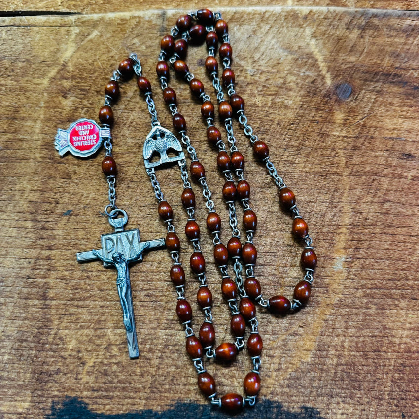 Vintage Sterling Silver & Wooden Bead Rosary Chapel Original Tag Rosary