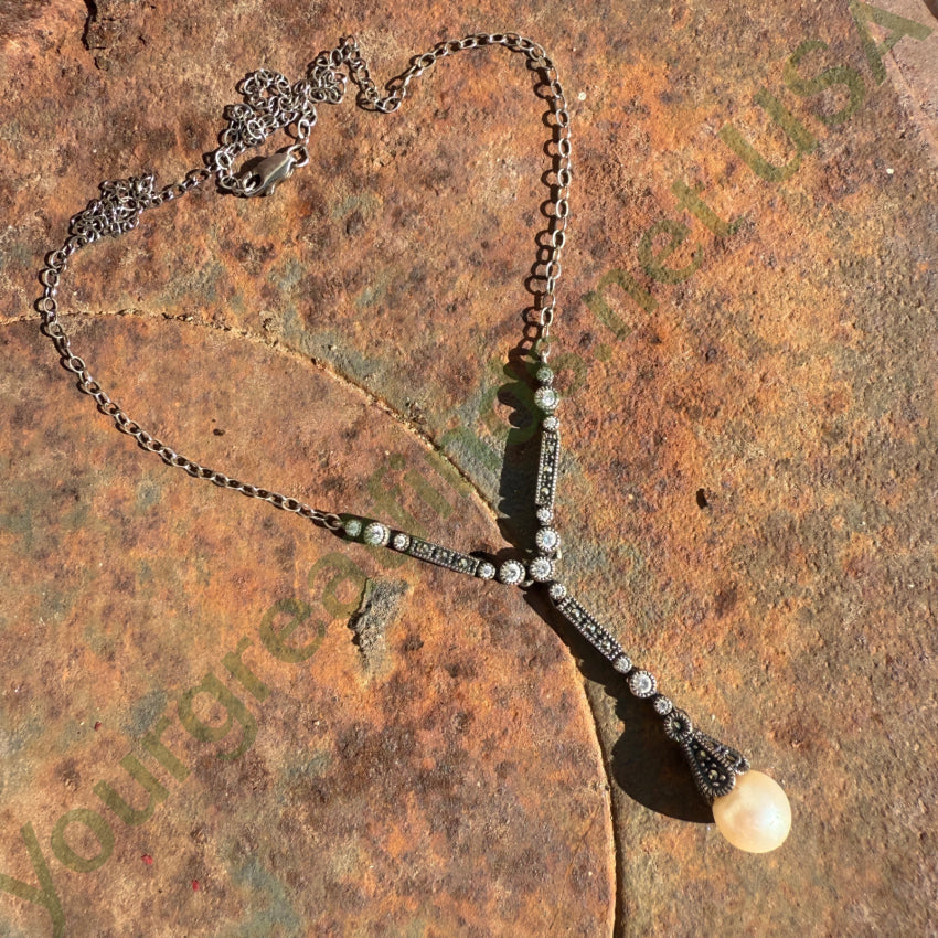 Vintage Sterling Silver ’Y’ Necklace Marcasite Paste & Faux Pearl necklace
