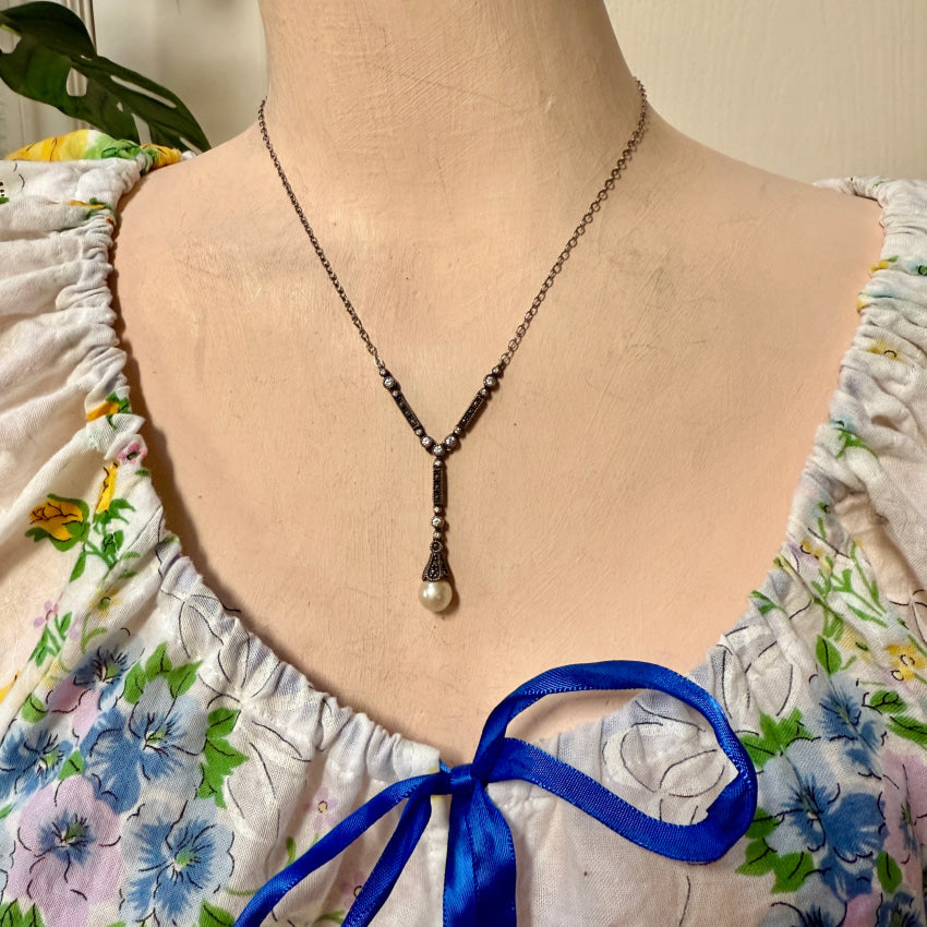 Vintage Sterling Silver ’Y’ Necklace Marcasite Paste & Faux Pearl necklace