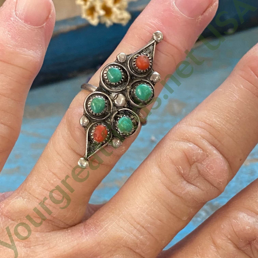 Vintage Sterling Silver Zuni Ring Turquoise Coral 5 3/4