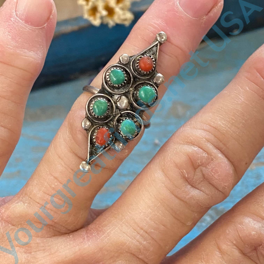 Vintage Sterling Silver Zuni Ring Turquoise Coral 5 3/4