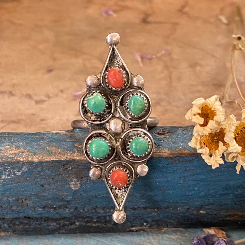 Vintage Sterling Silver Zuni Ring Turquoise Coral 5 3/4
