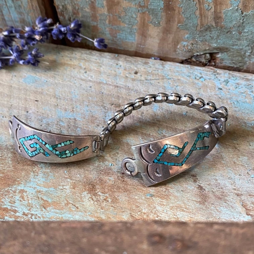 Vintage Sterling Turquoise Chip Mosaic Watch Band Plates Yourgreatfinds