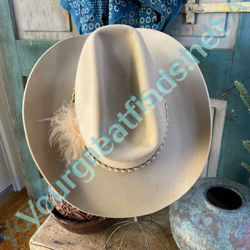 Vintage authentic Stetson JJ Hat Center NY Straw Cowboy Hat With Feathers 6 3/4