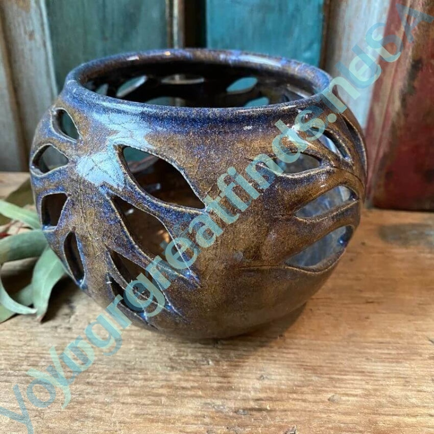 Vintage Studio Stoneware Pottery Open Work Jar 1983 Yourgreatfinds