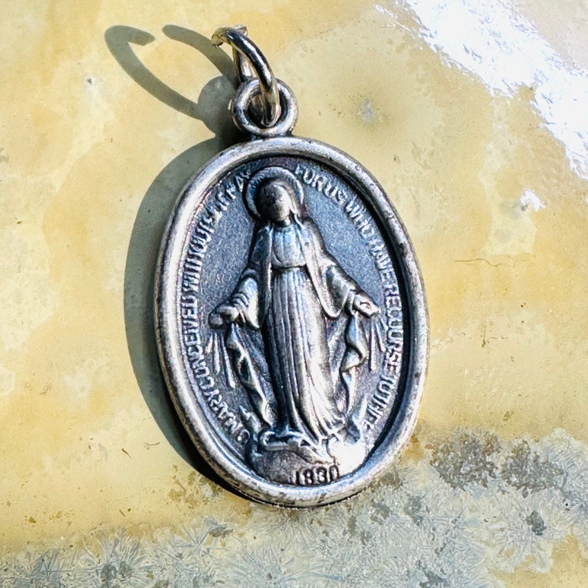 Vintage Time Worn Miraculous Mary Devotional Pendant