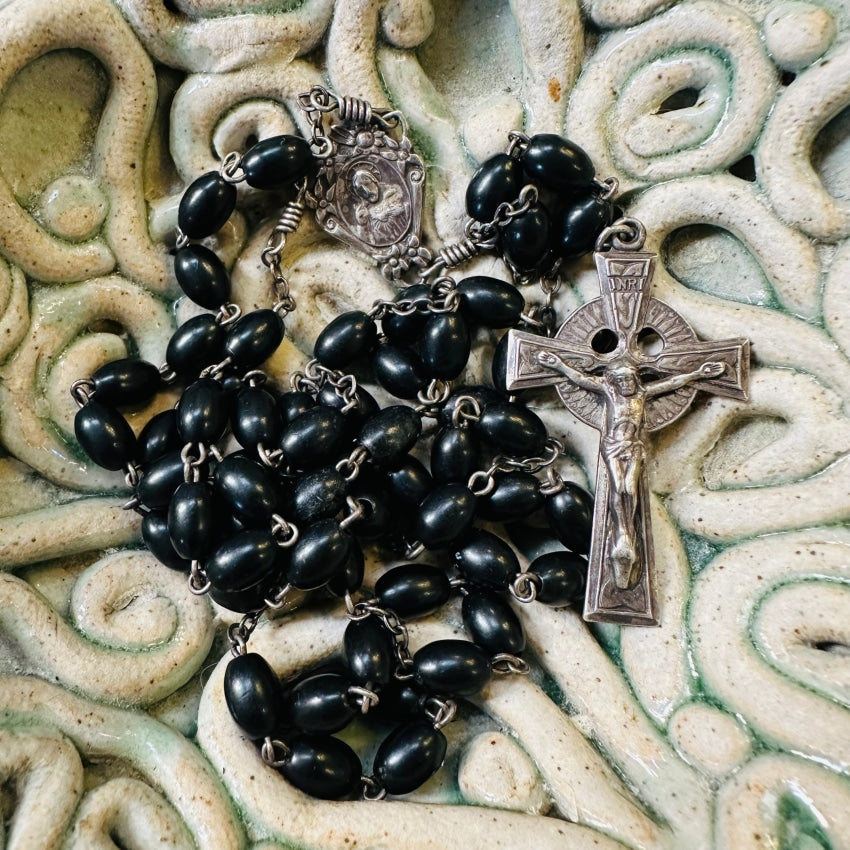 Vintage Time Worn Sterling Silver &amp; Ebony Wood Rosary