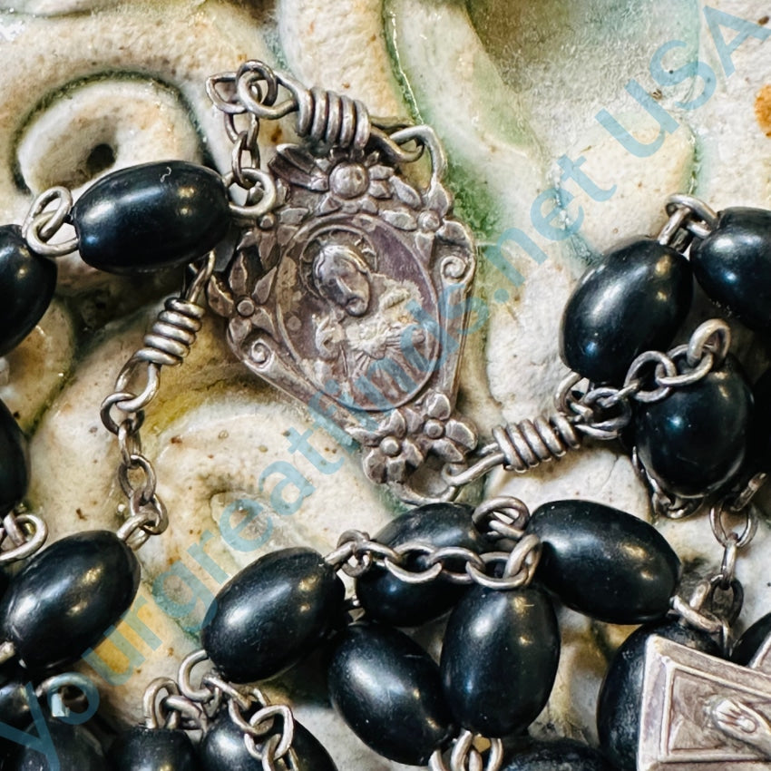 Vintage Time Worn Sterling Silver &amp; Ebony Wood Rosary