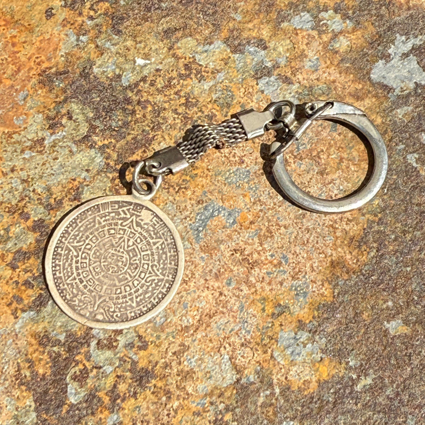 Vintage Time Worn Sterling Silver Keyring Aztec Calendar Mexico Keychain keychains