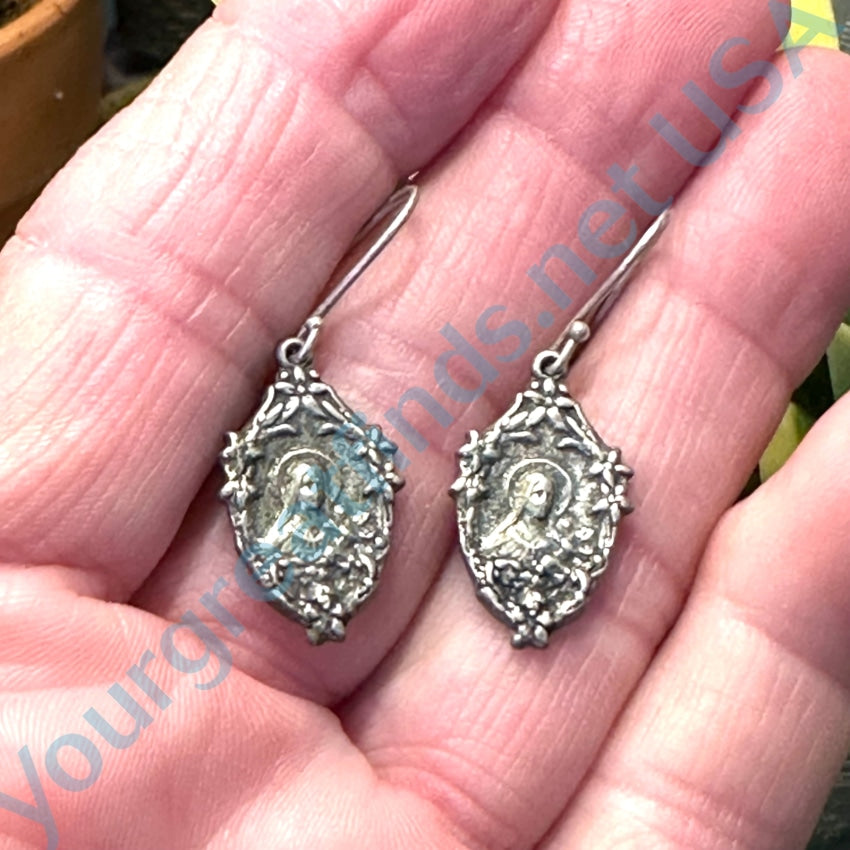 Vintage Time Worn Sterling Silver Sacred Mother Pierced Earrings