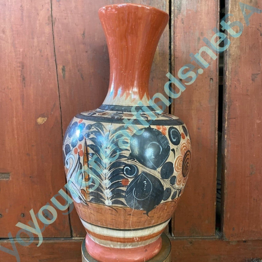 Vintage Tonola Mexican Pottery Vase with Hand Painting Signed Yourgreatfinds