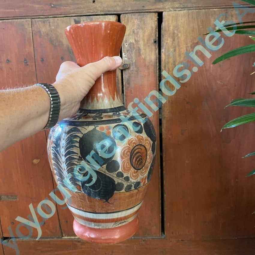 Vintage Tonola Mexican Pottery Vase with Hand Painting Signed Yourgreatfinds