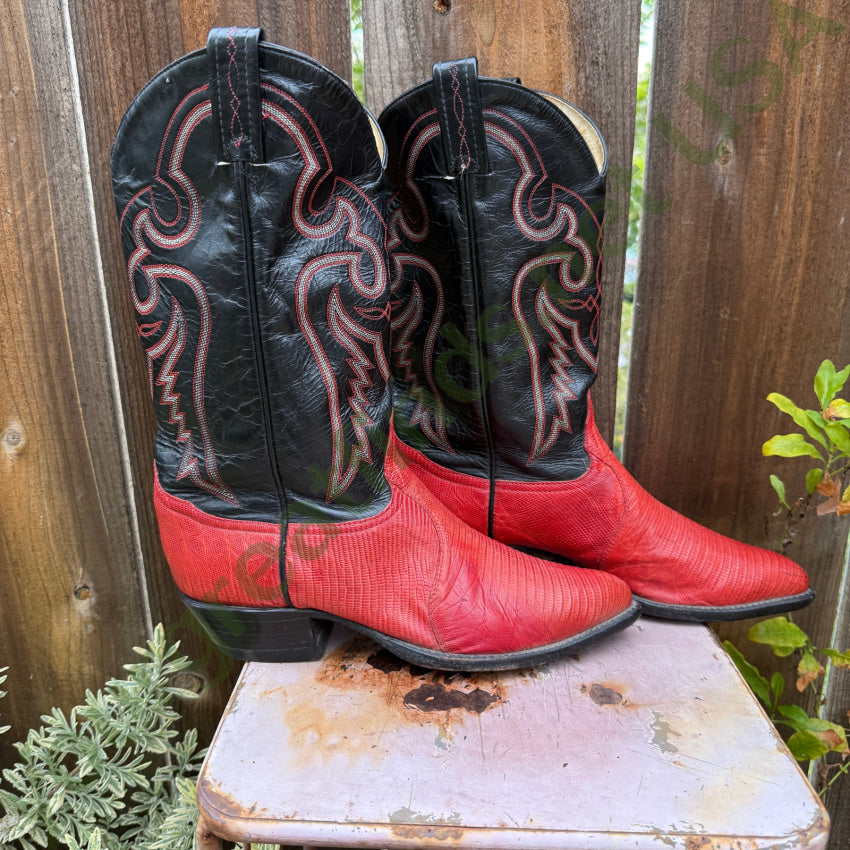 Vintage Tony Lama Black & Red Lizard Leather Western Boots 9D cowboy boots