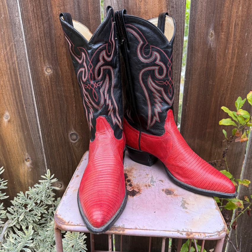 Vintage Tony Lama Black & Red Lizard Leather Western Boots 9D cowboy boots