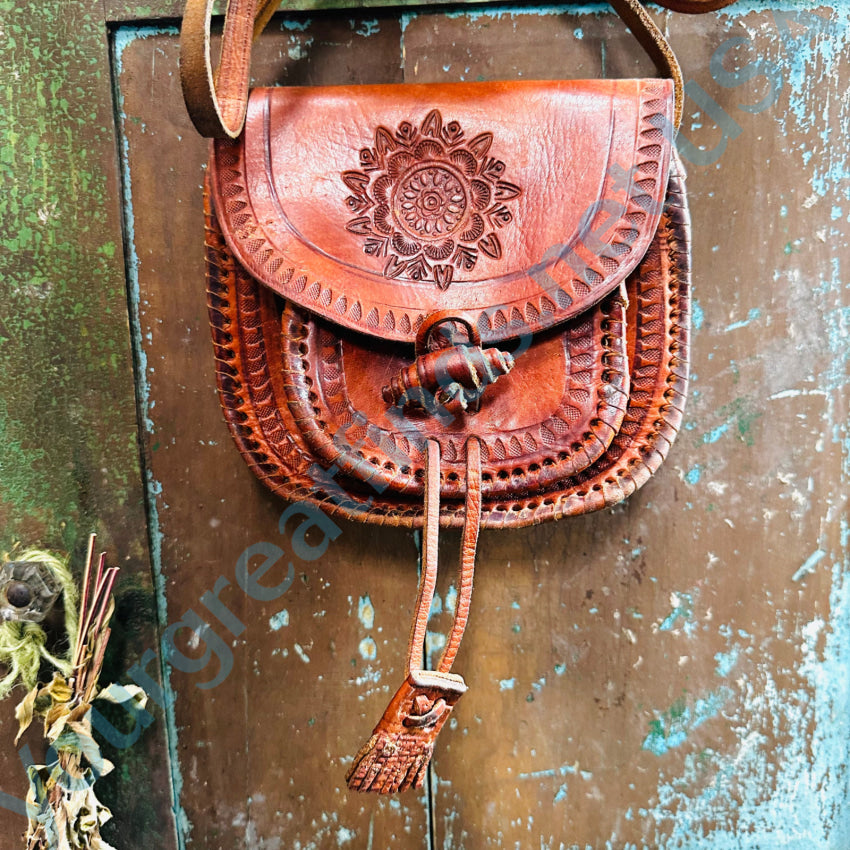 Vintage Tooled Brown Leather Crossbody Bag Purse Purse