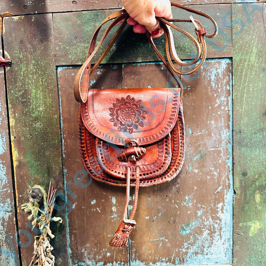 Vintage Tooled Brown Leather Crossbody Bag Purse Purse
