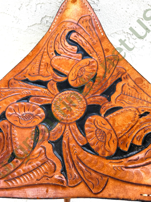 Vintage Tooled Leather & Wood Tripod Folding Camp Stool Stool