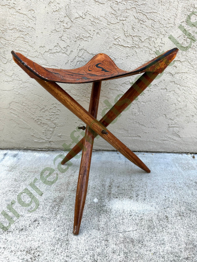Vintage Tooled Leather & Wood Tripod Folding Camp Stool Stool