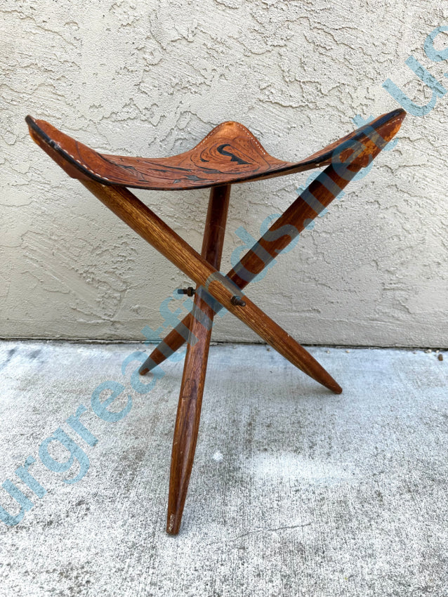 Vintage Tooled Leather & Wood Tripod Folding Camp Stool Stool