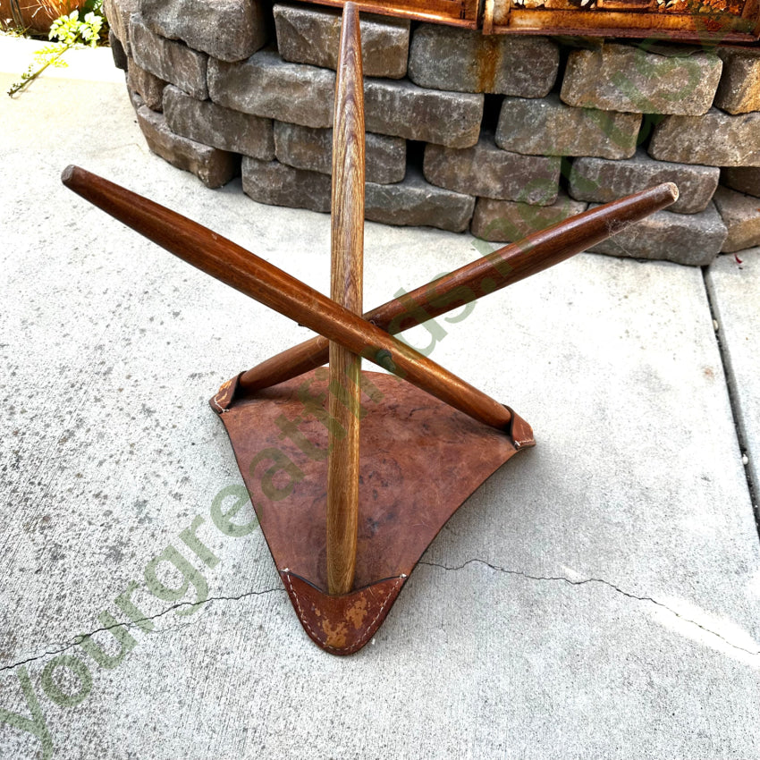 Vintage Tooled Leather & Wood Tripod Folding Camp Stool Stool