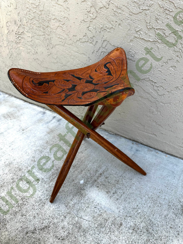 Vintage Tooled Leather & Wood Tripod Folding Camp Stool Stool