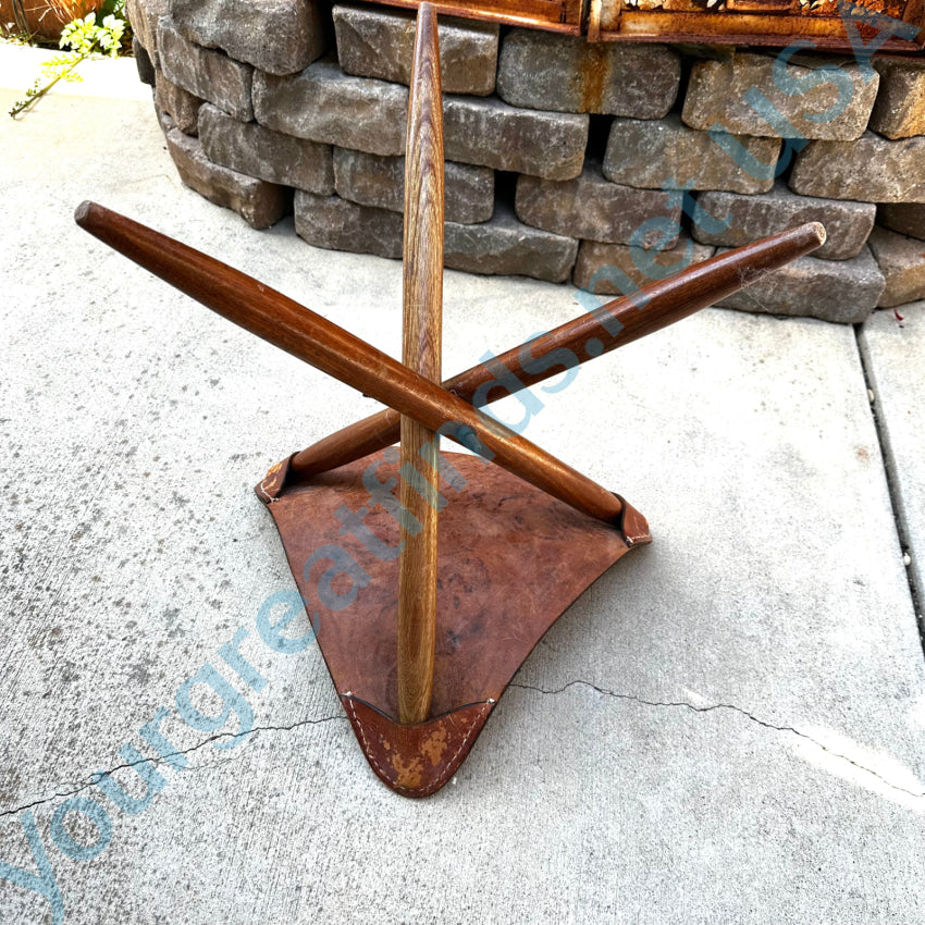 Vintage Tooled Leather & Wood Tripod Folding Camp Stool Stool