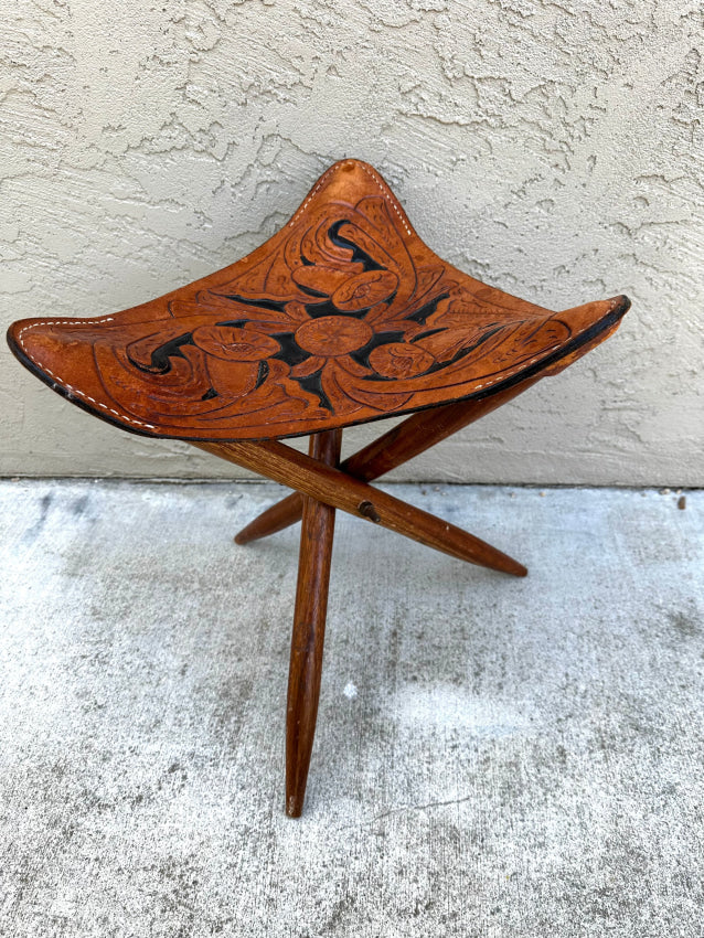 Vintage Tooled Leather & Wood Tripod Folding Camp Stool Stool