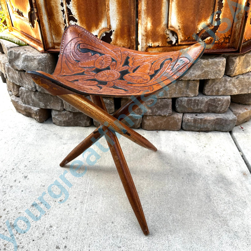 Vintage Tooled Leather & Wood Tripod Folding Camp Stool Stool