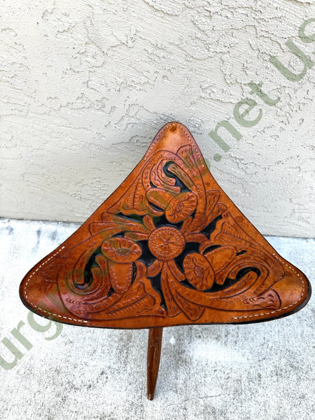 Vintage Tooled Leather & Wood Tripod Folding Camp Stool Stool