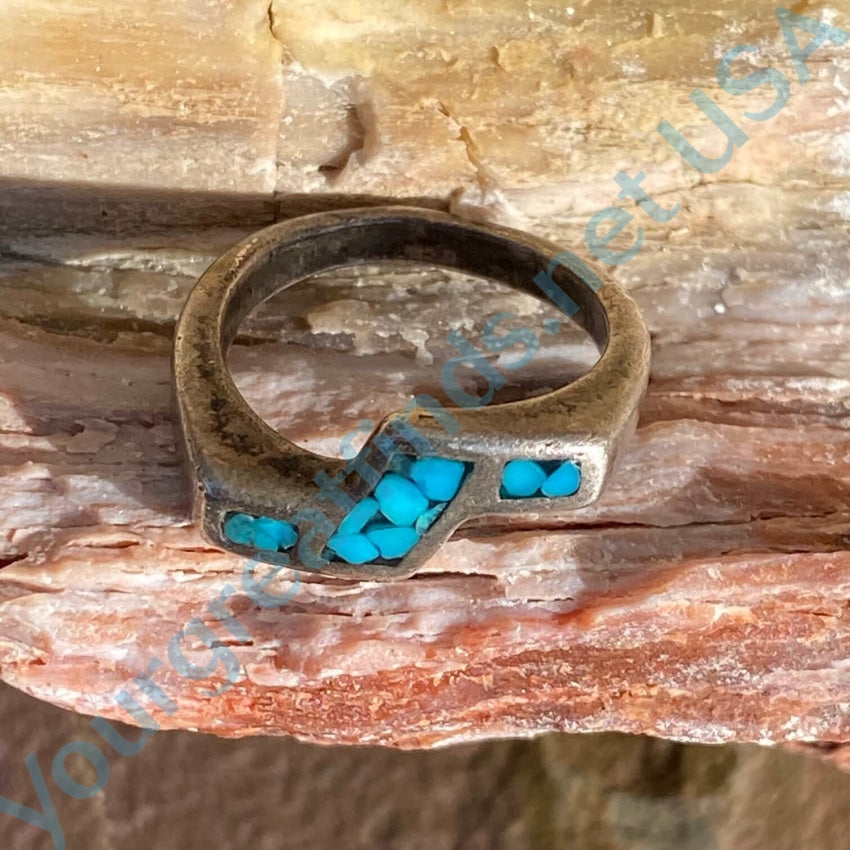 Vintage Turquoise Chip Mosaic Lightning Ring 4 Sterling