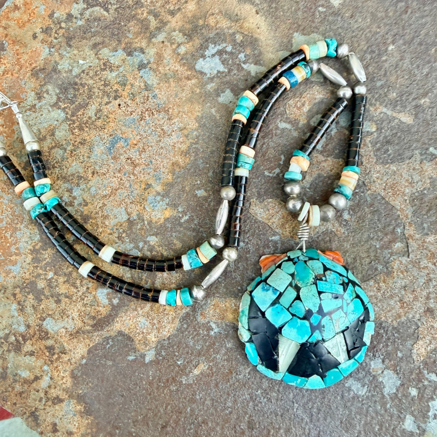 Vintage Turquoise Jet Shell & Sterling Silver Mosaic Necklace shell mosaic necklace