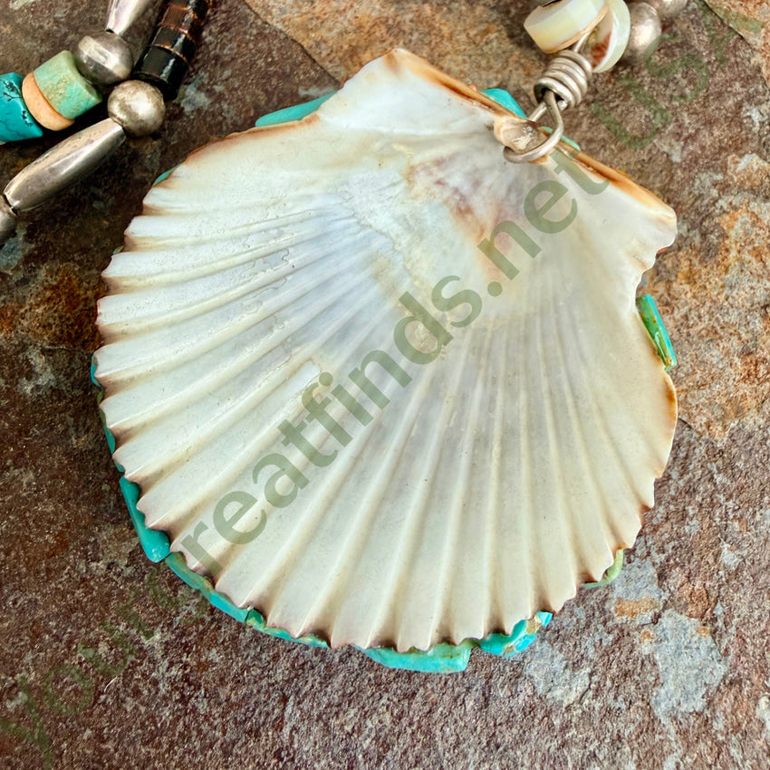 Vintage Turquoise Jet Shell & Sterling Silver Mosaic Necklace shell mosaic necklace