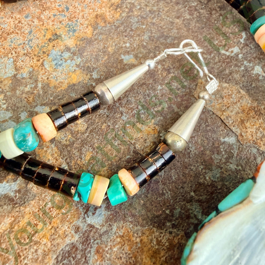 Vintage Turquoise Jet Shell & Sterling Silver Mosaic Necklace shell mosaic necklace